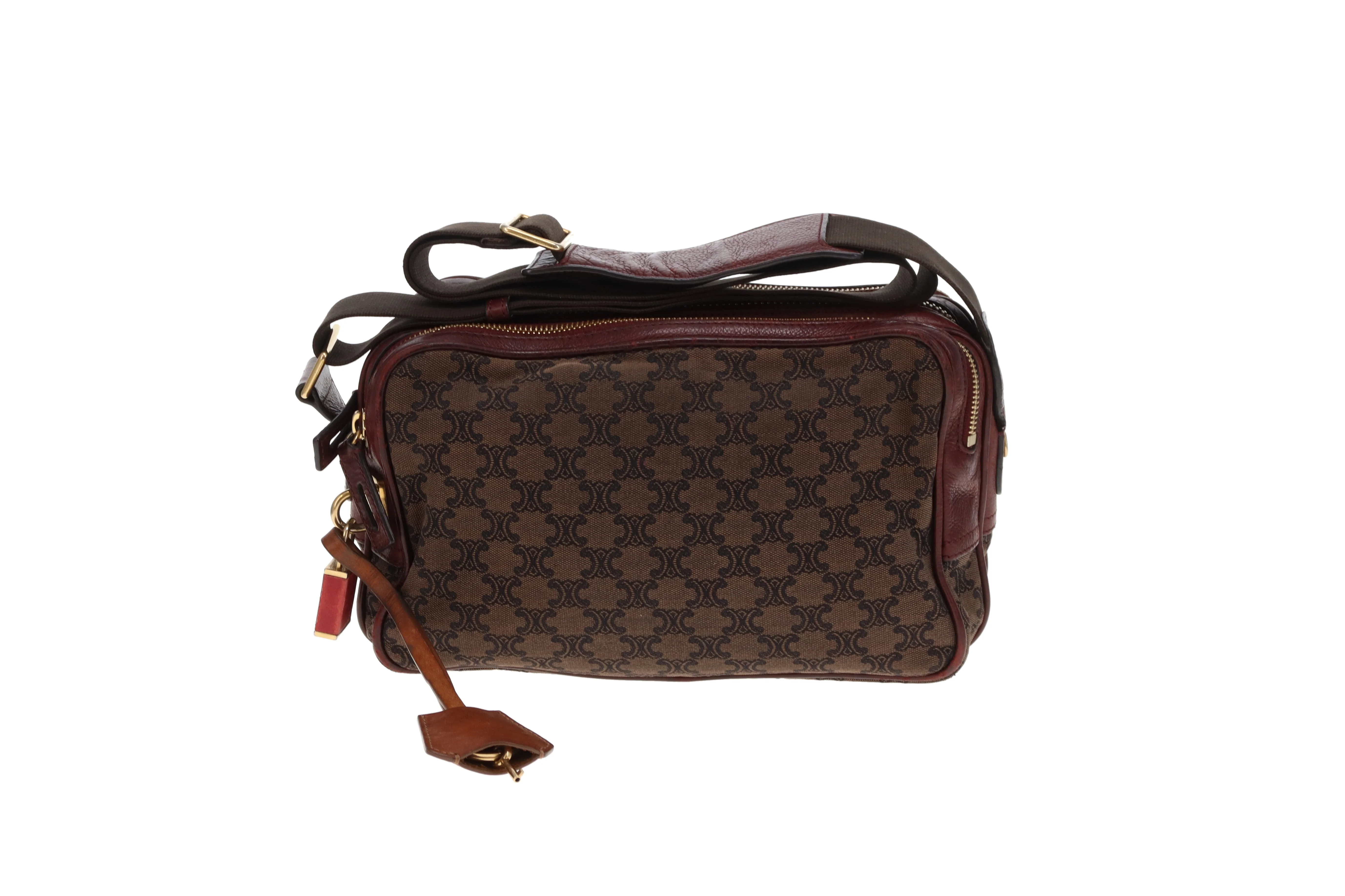 Celine Tri Pocket Vintage Messenger Triomphe Canvas and Burgundy Leather