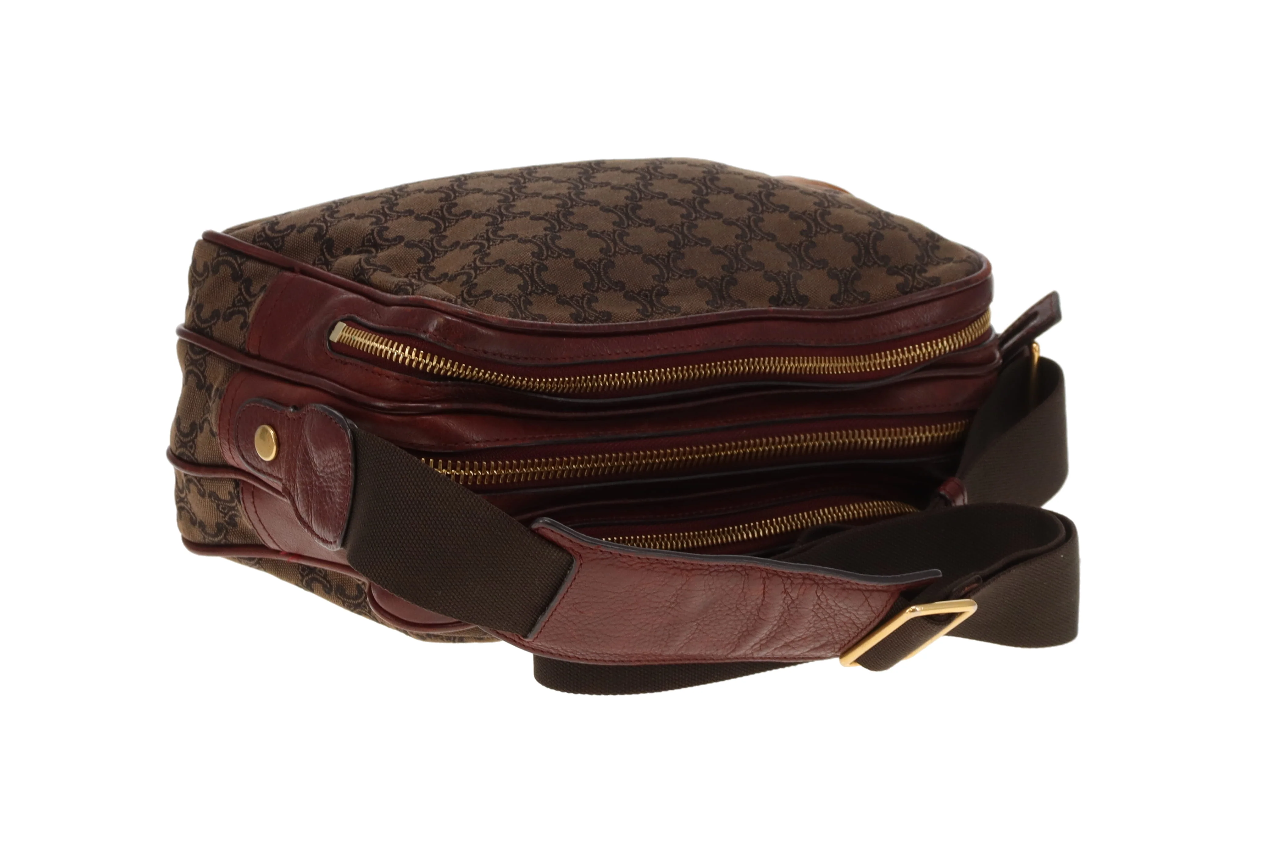 Celine Tri Pocket Vintage Messenger Triomphe Canvas and Burgundy Leather - Image 10