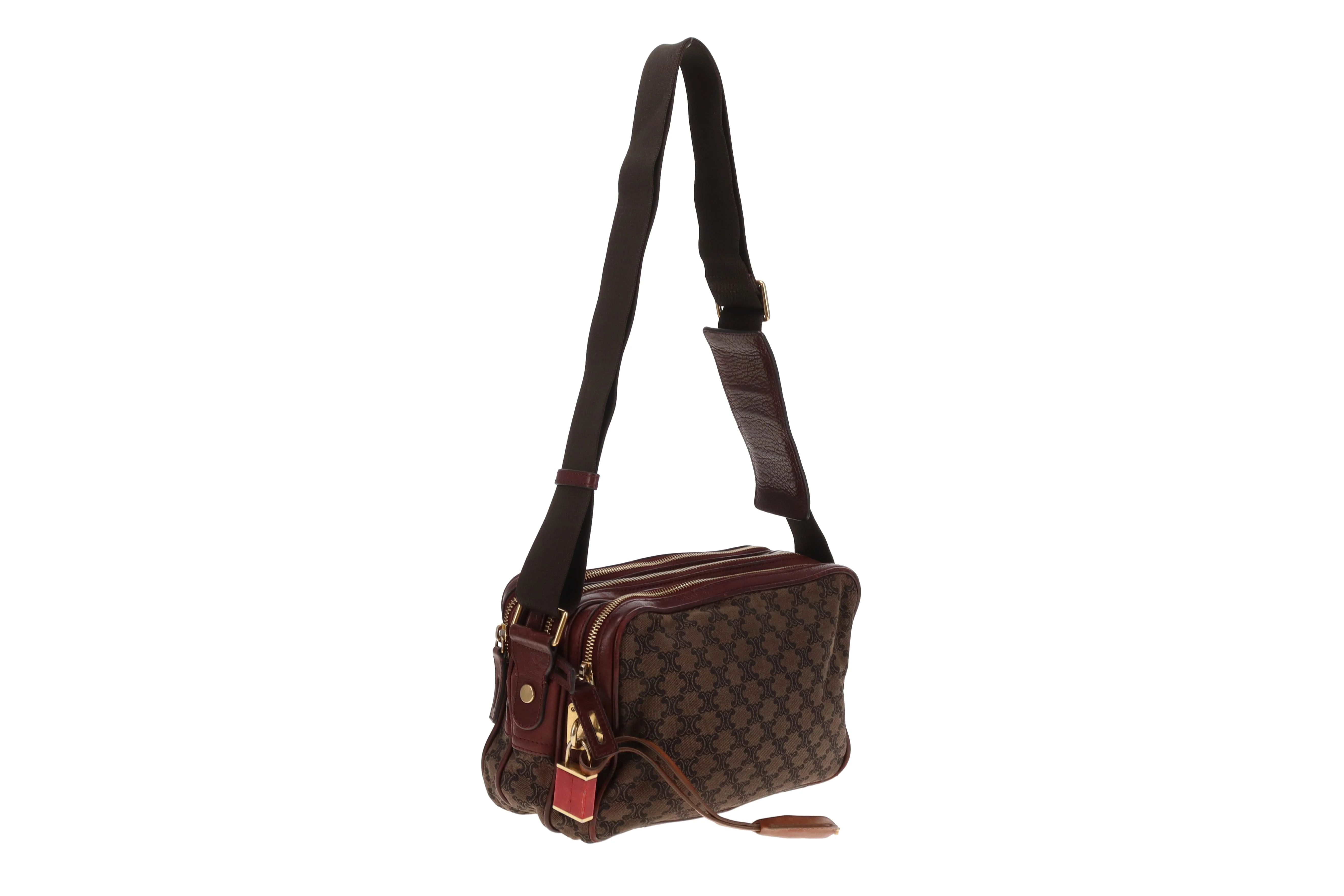 Celine Tri Pocket Vintage Messenger Triomphe Canvas and Burgundy Leather - Image 5