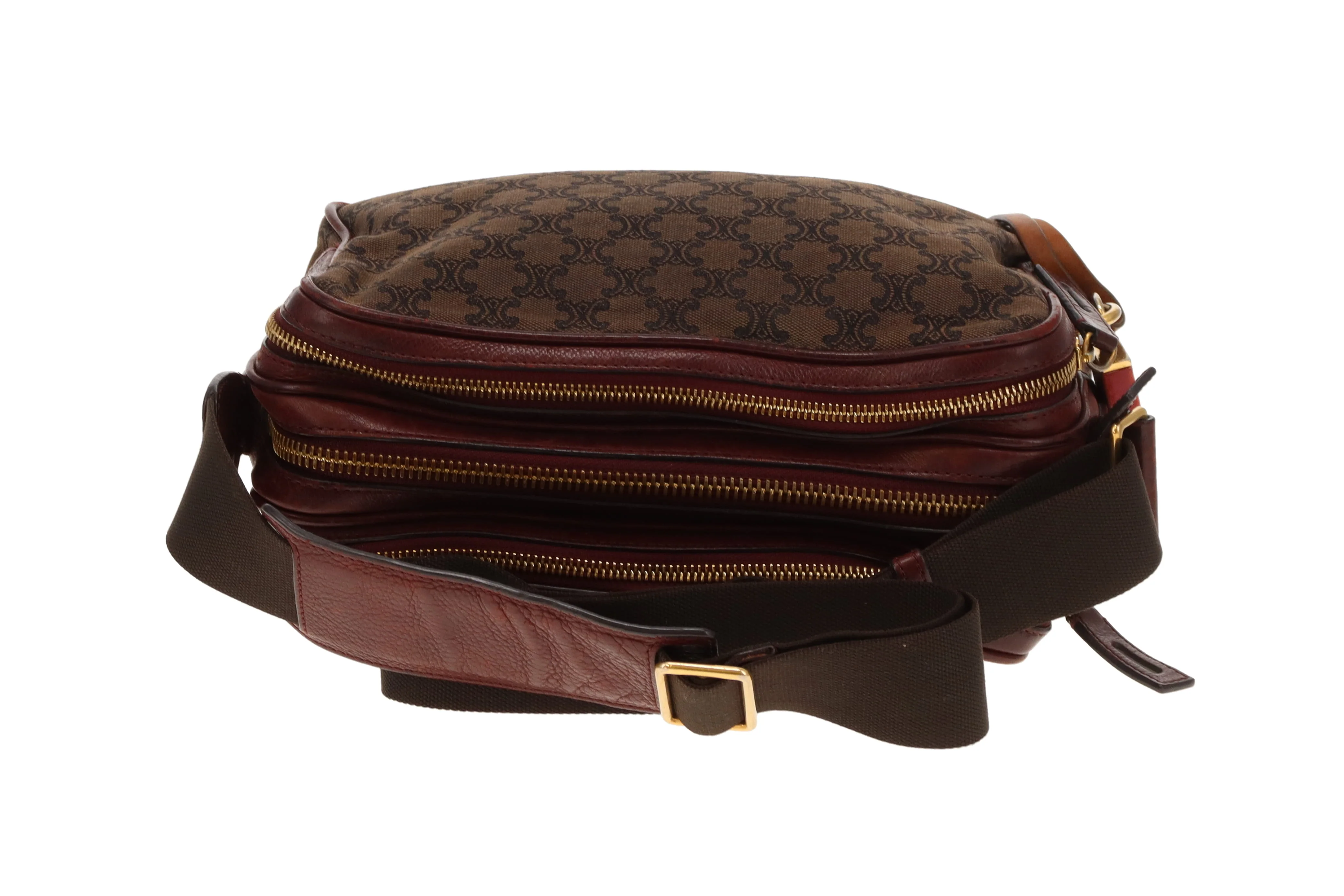 Celine Tri Pocket Vintage Messenger Triomphe Canvas and Burgundy Leather - Image 9