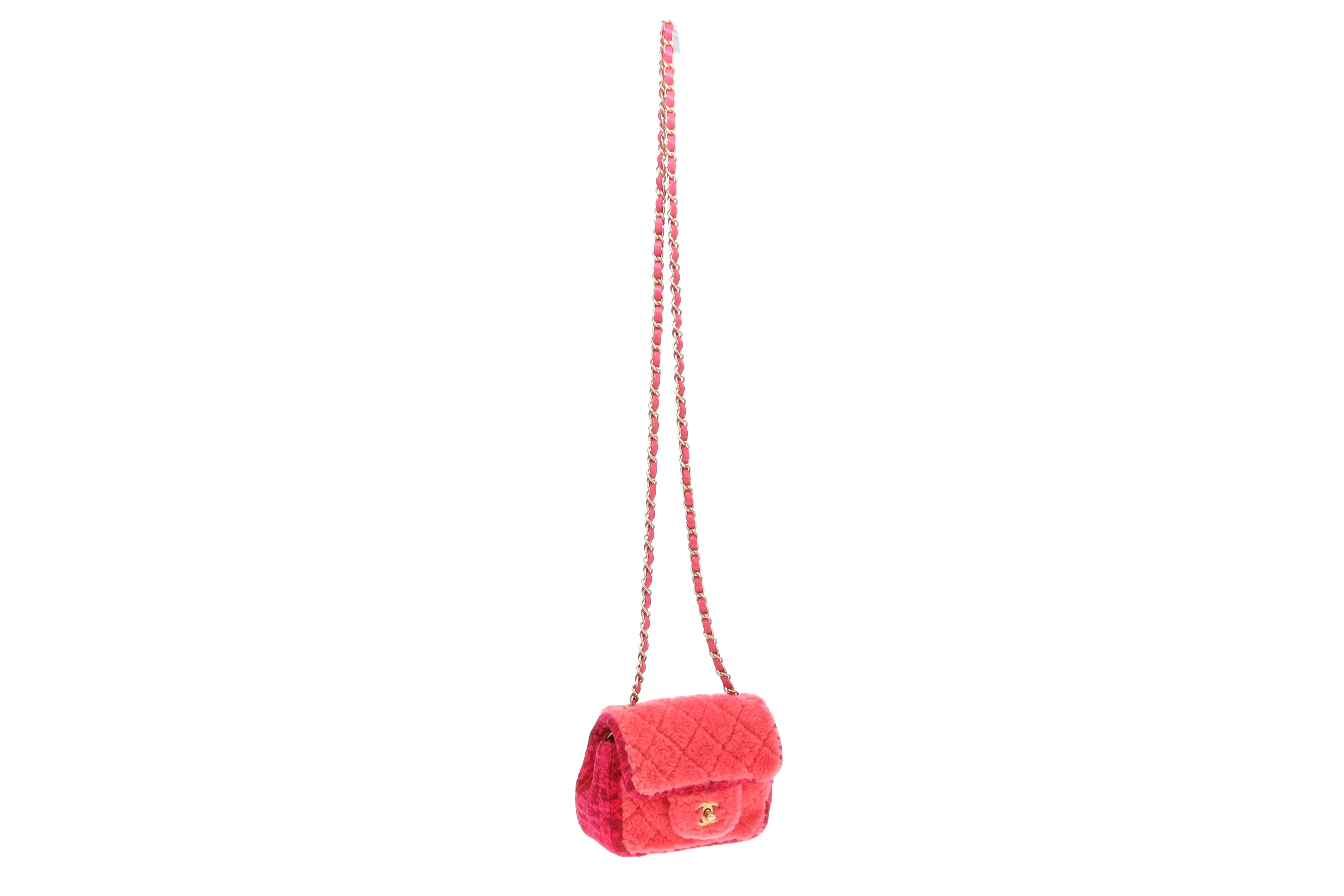 Chanel Classic Mini Square Pink Shearling and Tweed 2020 - Image 15