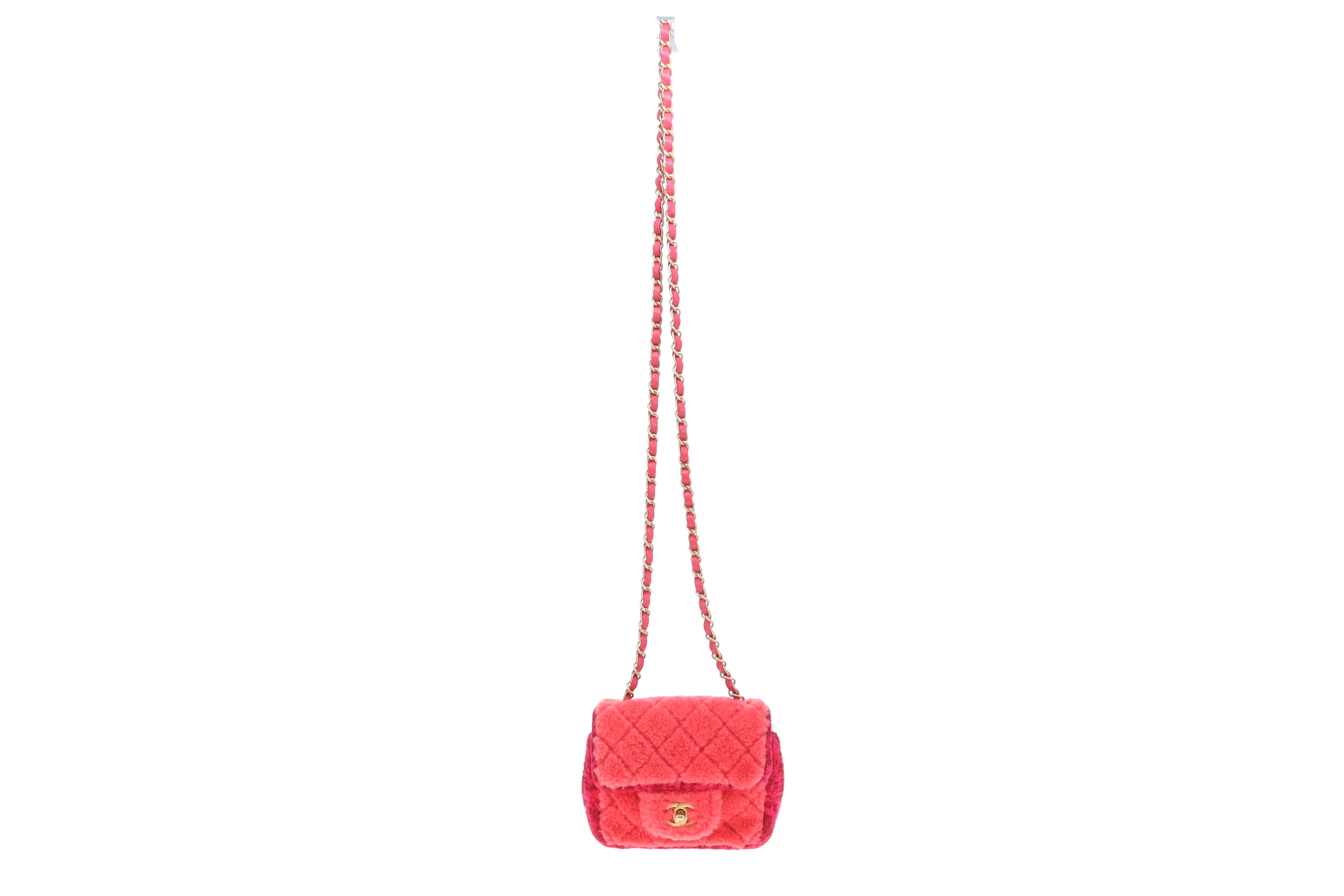 Chanel Classic Mini Square Pink Shearling and Tweed 2020 - Image 4