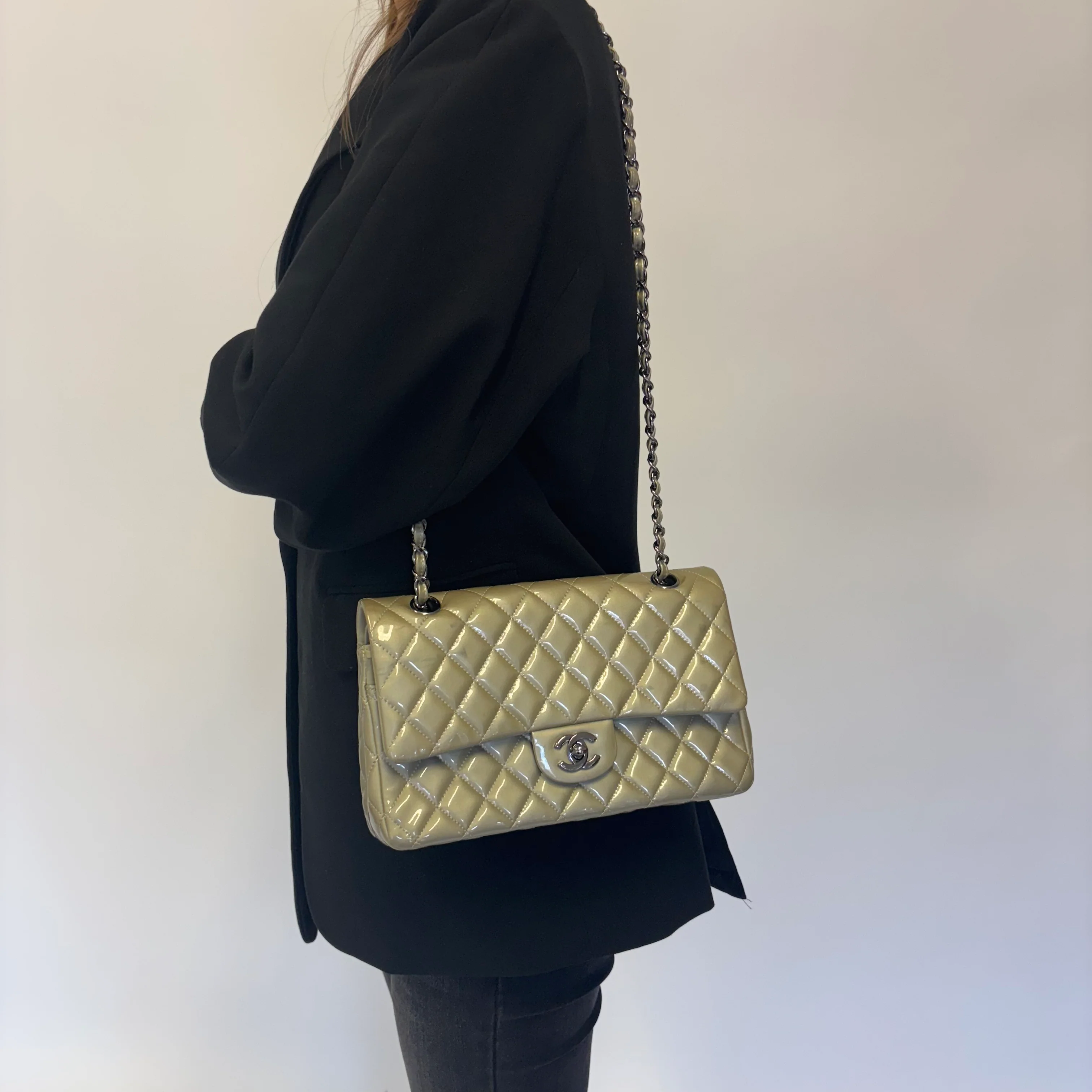 Chanel Classic Medium Double Flap Metallic Sage Green Patent GMH 2012/13 - Image 3