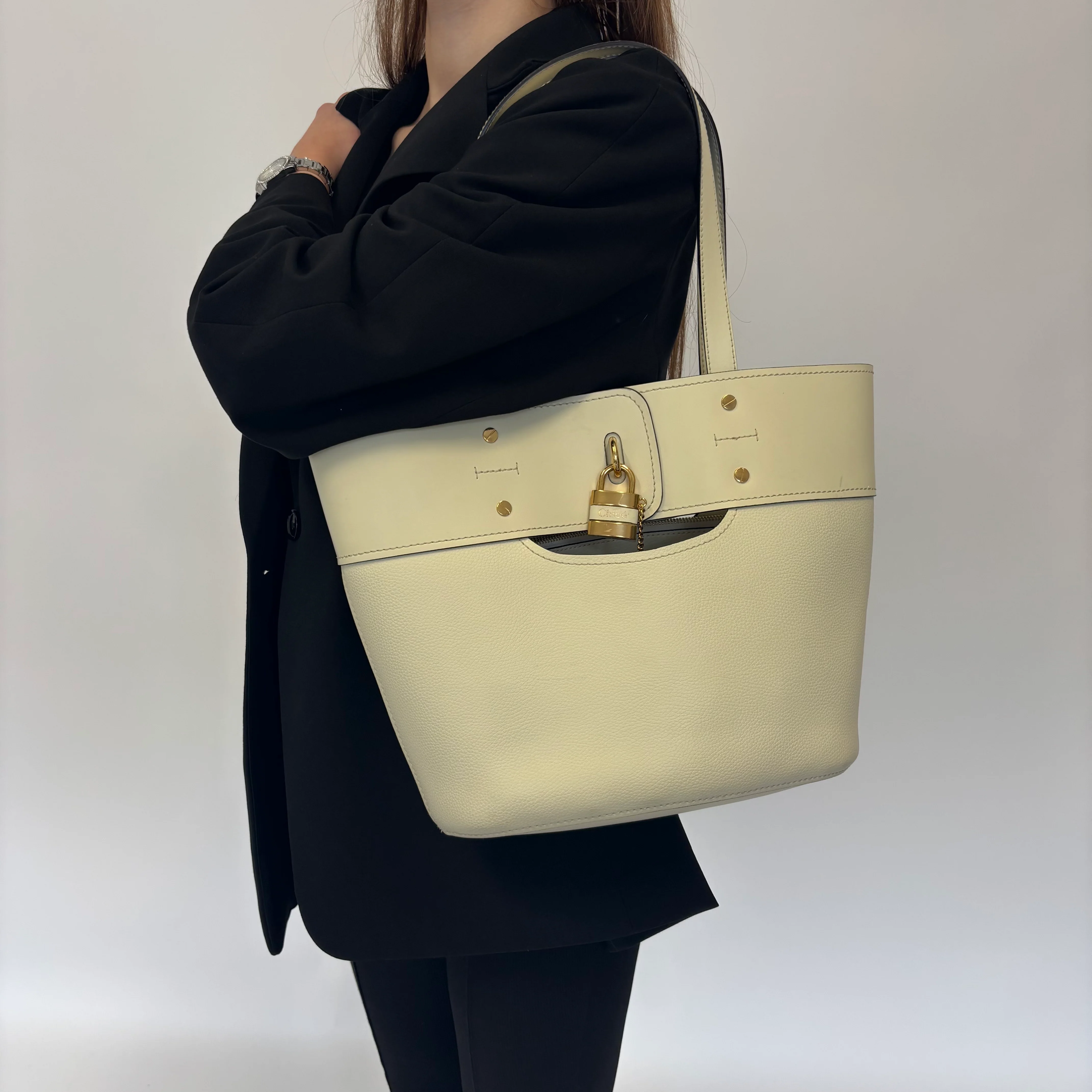 Chloe Cream Smooth and Grained Leather Medium Aby Tote - Image 11