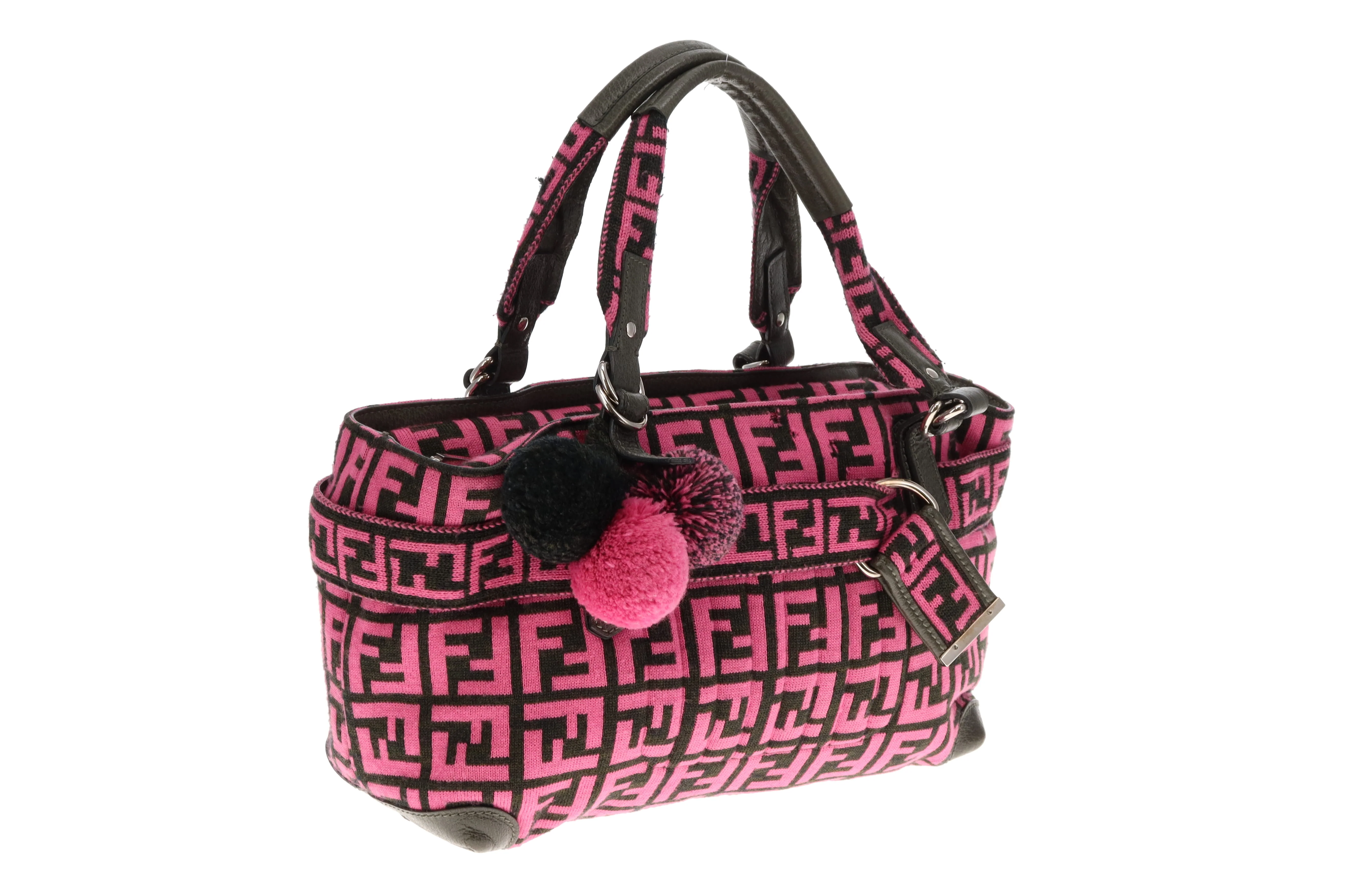 Fendi Pink/Zucca Wool Pom Pom Handbag - Image 3