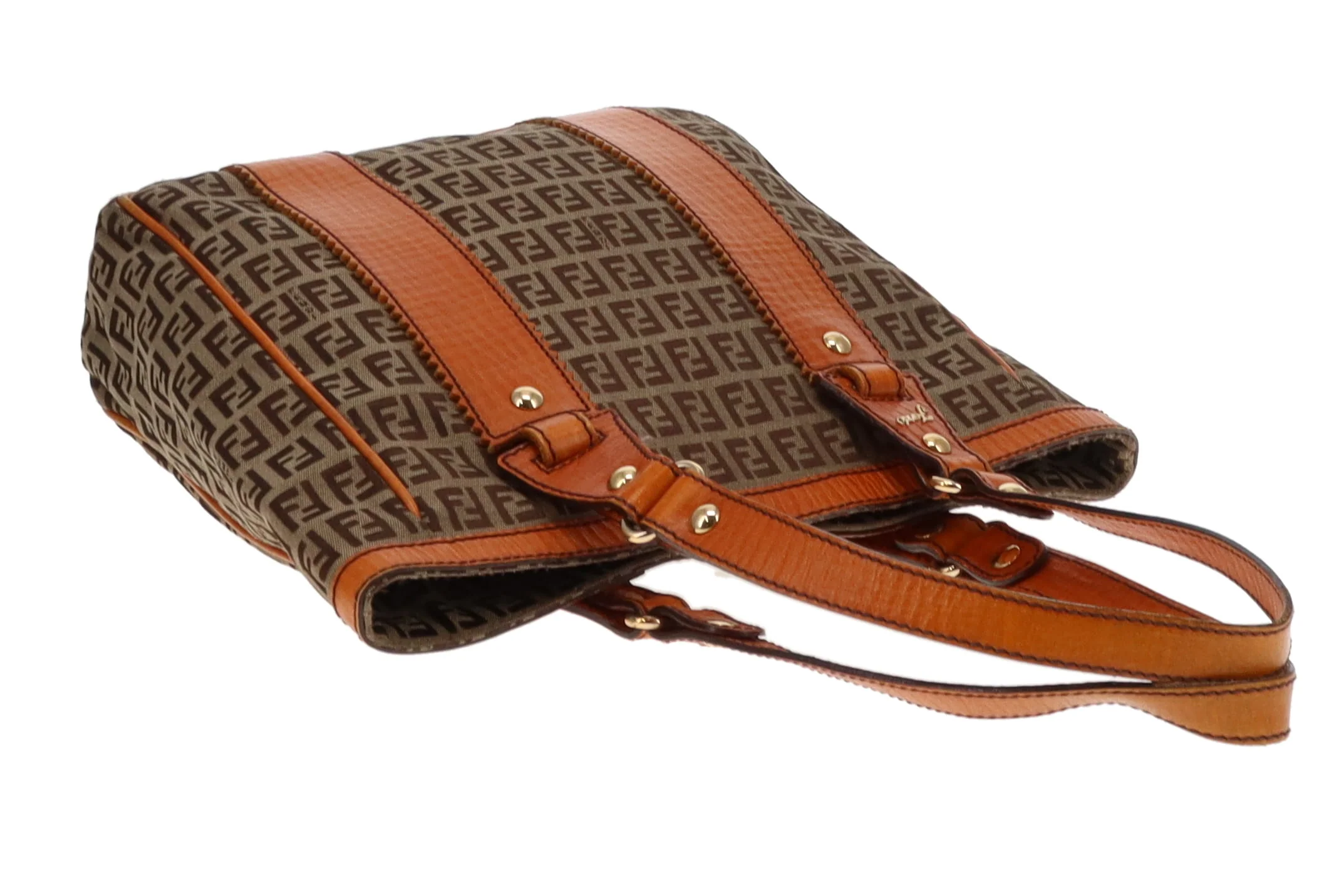 Fendi Zucchino and Orange Leather Trim Open Tote Bag - Image 8