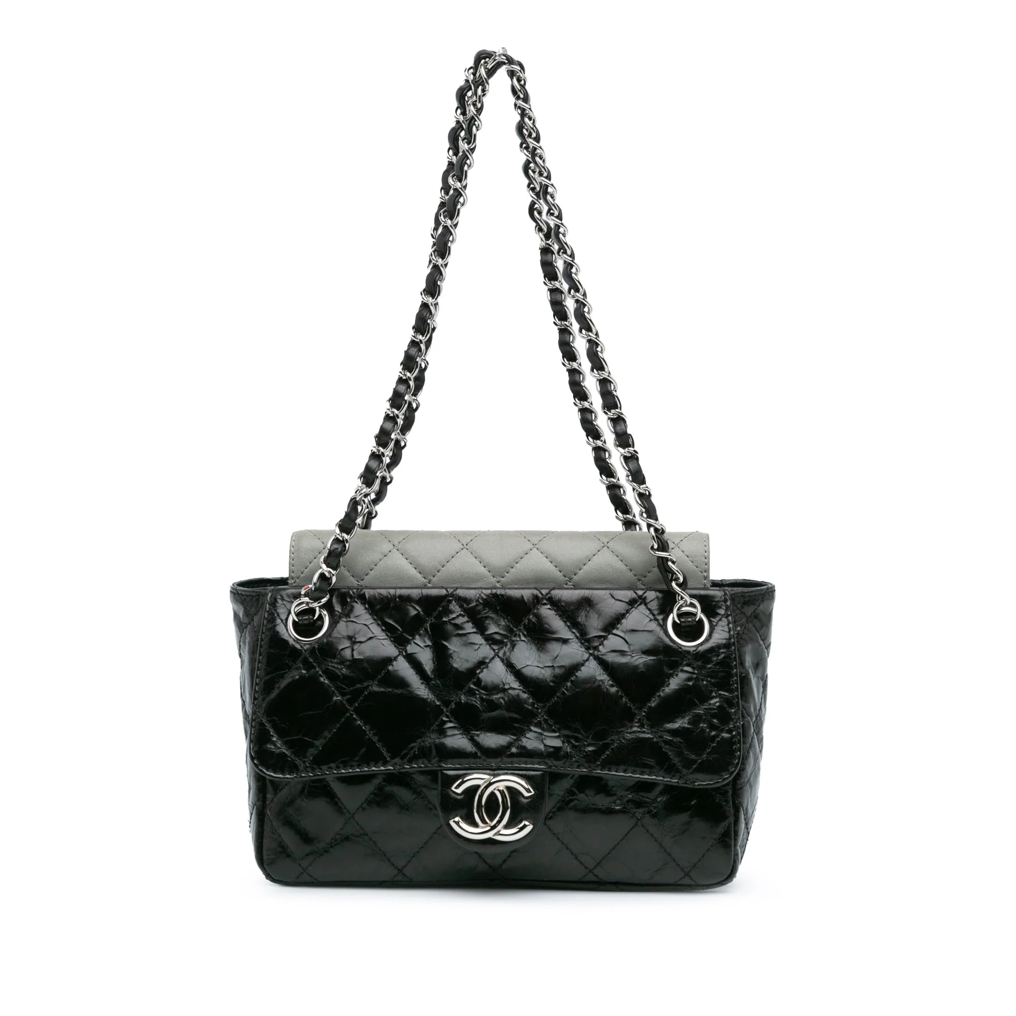 Chanel Black Glazed Calfskin & Grey Iridescent Portobello Flap SH 2008/09