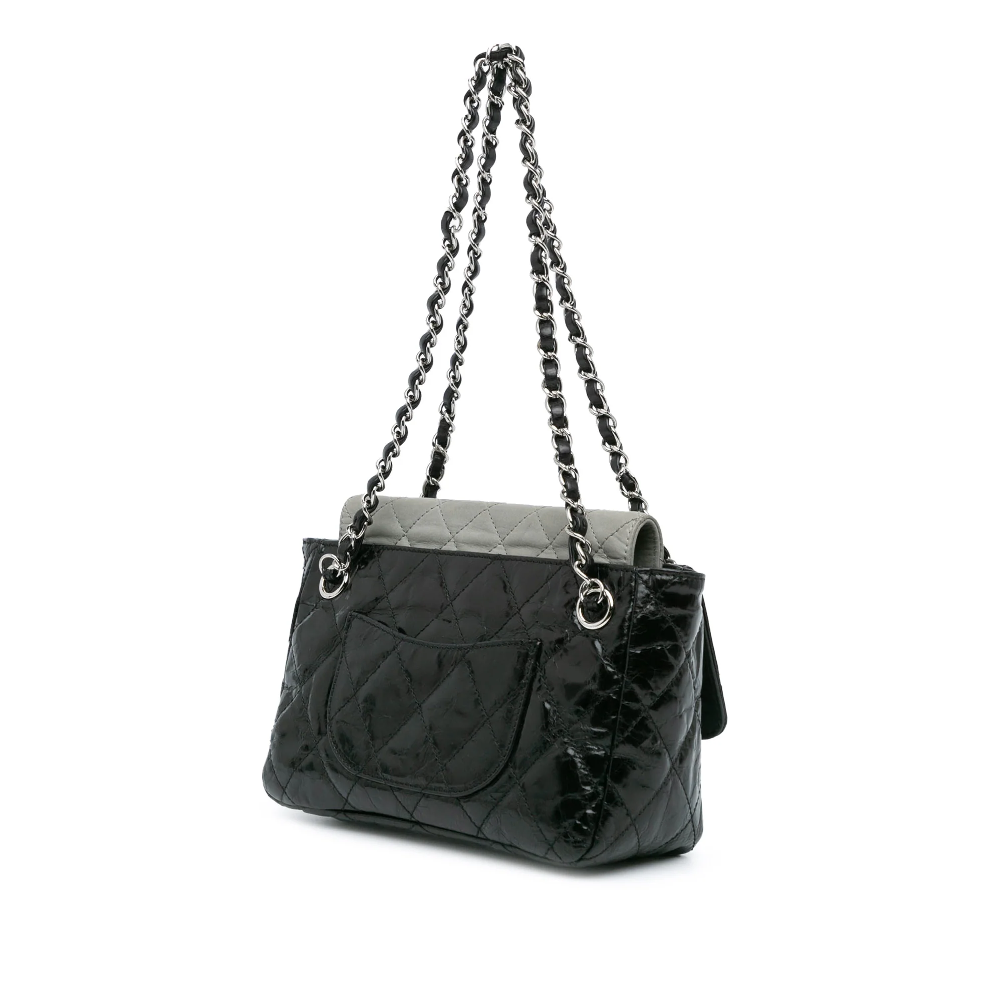 Chanel Black Glazed Calfskin & Grey Iridescent Portobello Flap SH 2008/09 - Image 3
