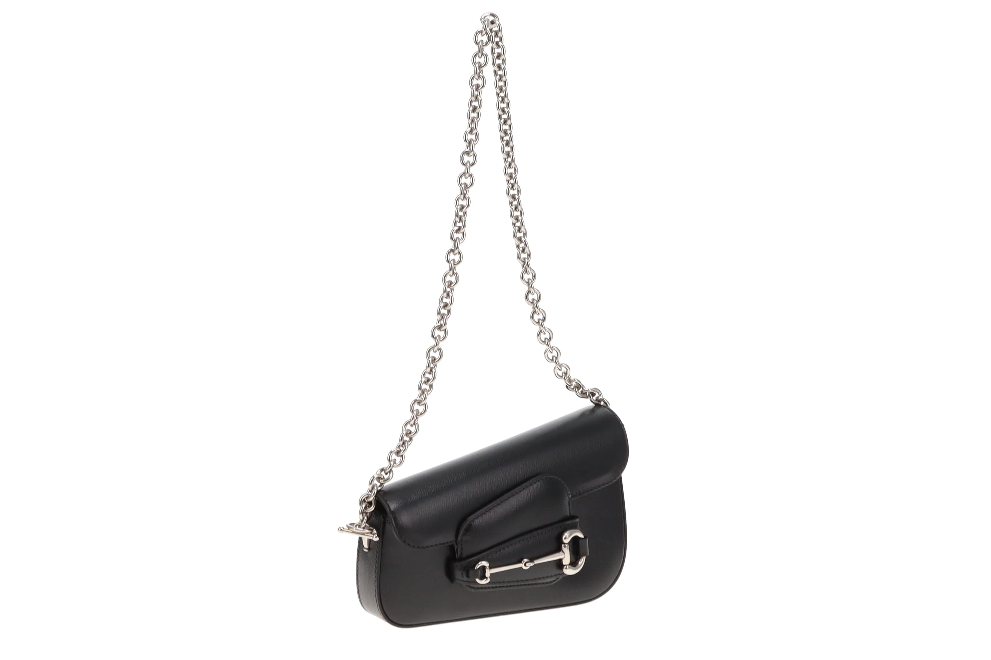 Gucci Black Leather SHW Mini Diagonal Horsebit with Chain - Image 7