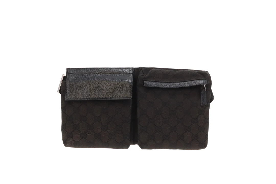 Gucci Double Pocket Waist Bag Black GG Canvas