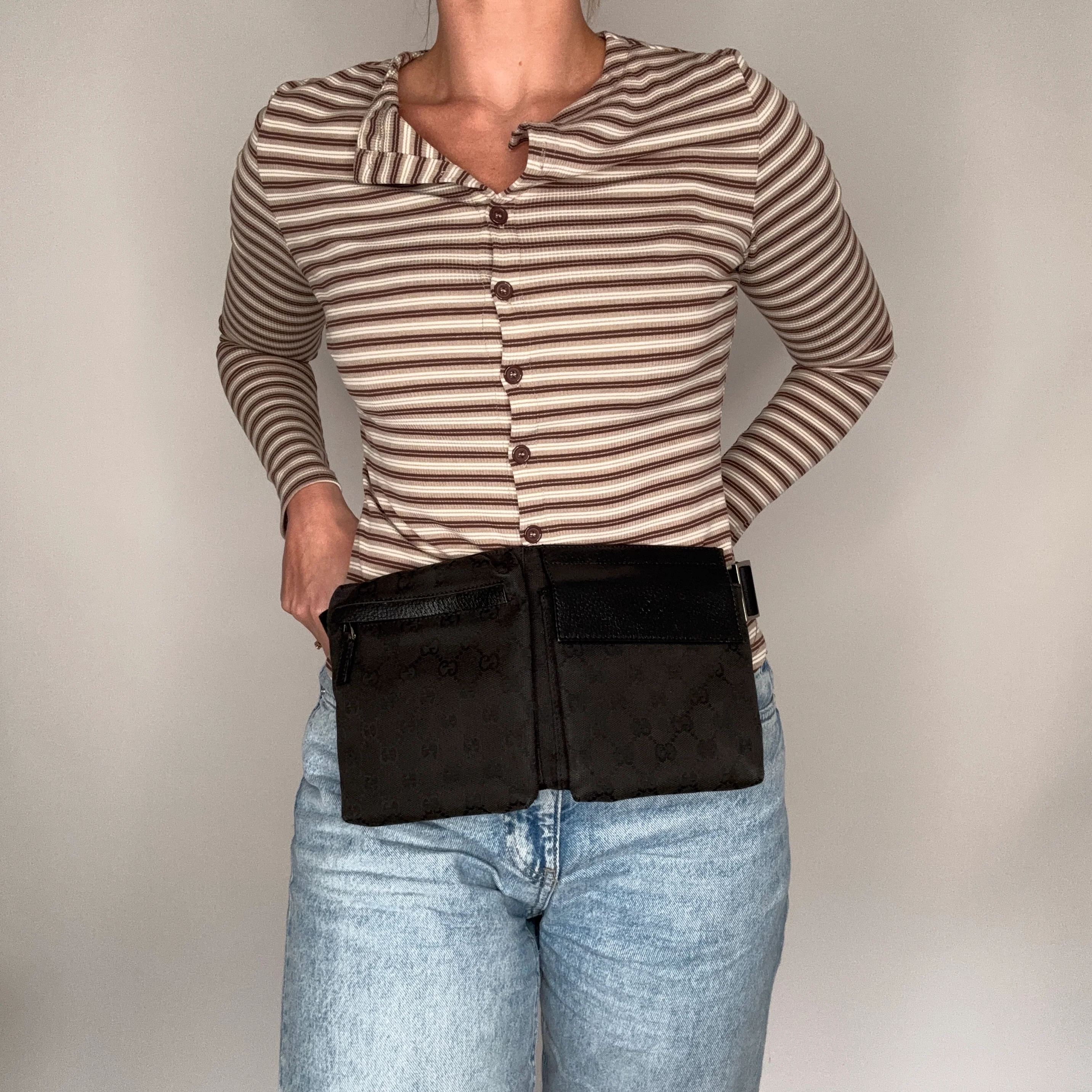 Gucci Double Pocket Waist Bag Black GG Canvas - Image 2