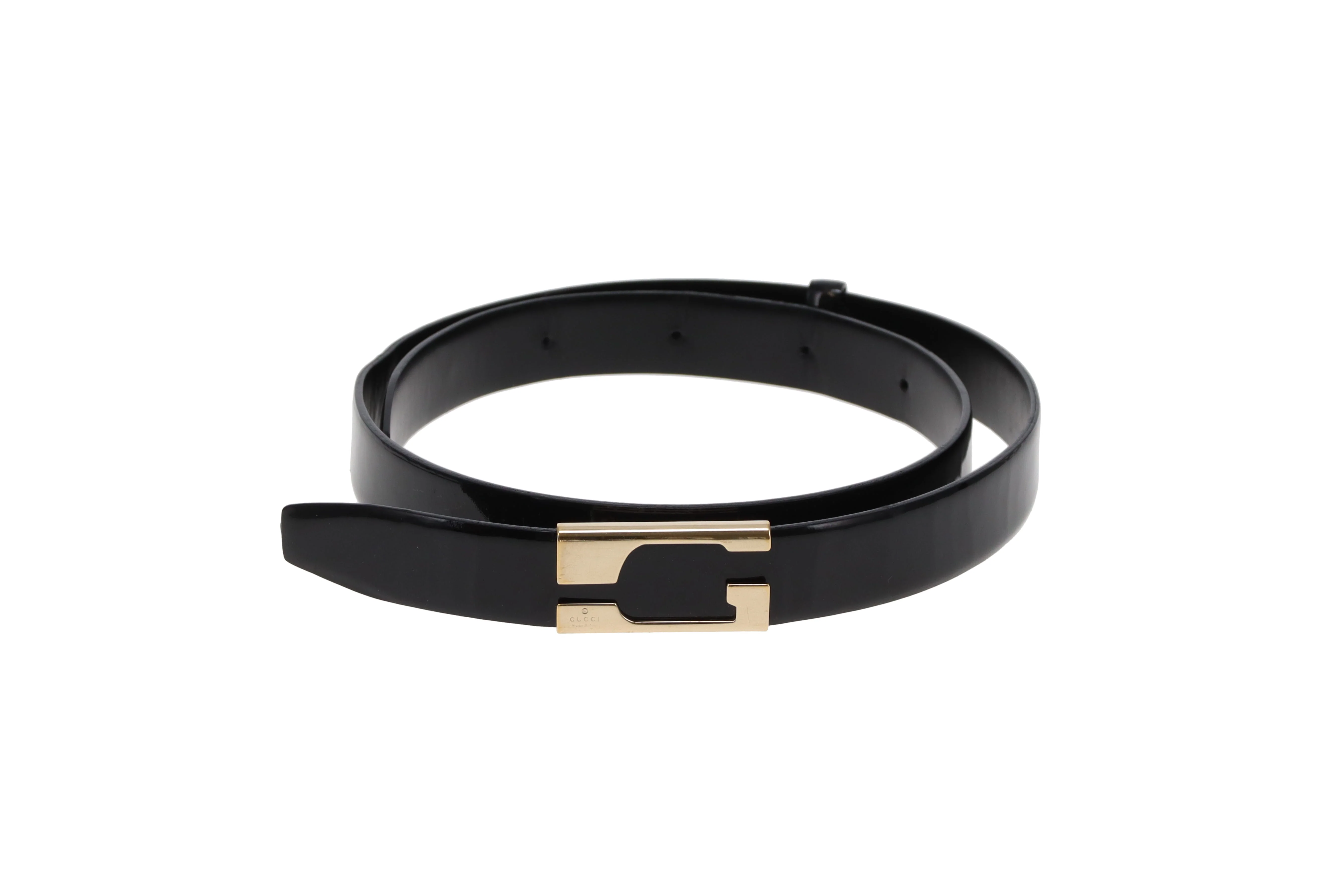 Gucci G Belt In Black Patent Leather 85/34