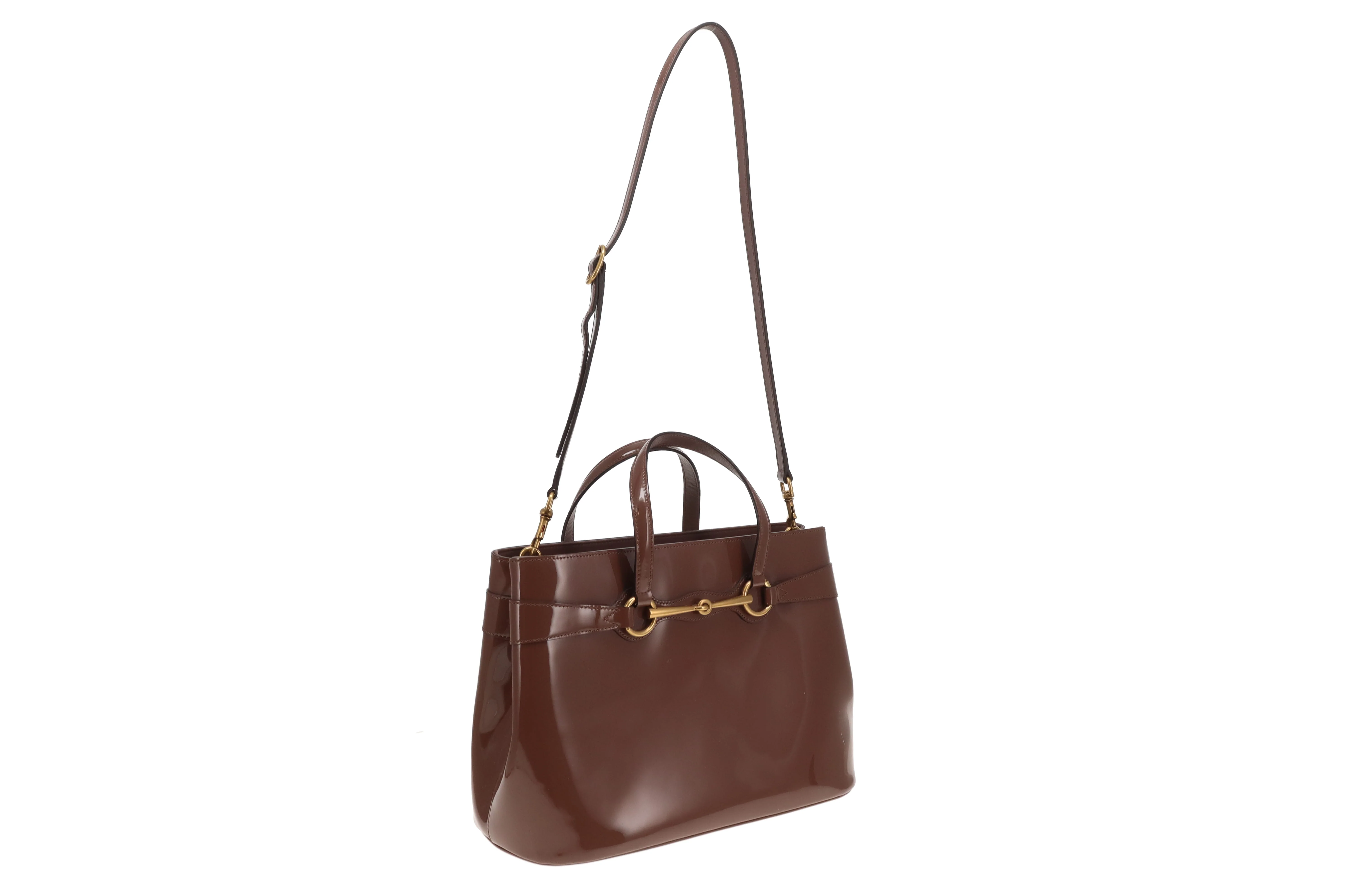 Gucci Horsebit Tote with Strap Mocha Patent Leather GHW - Image 13