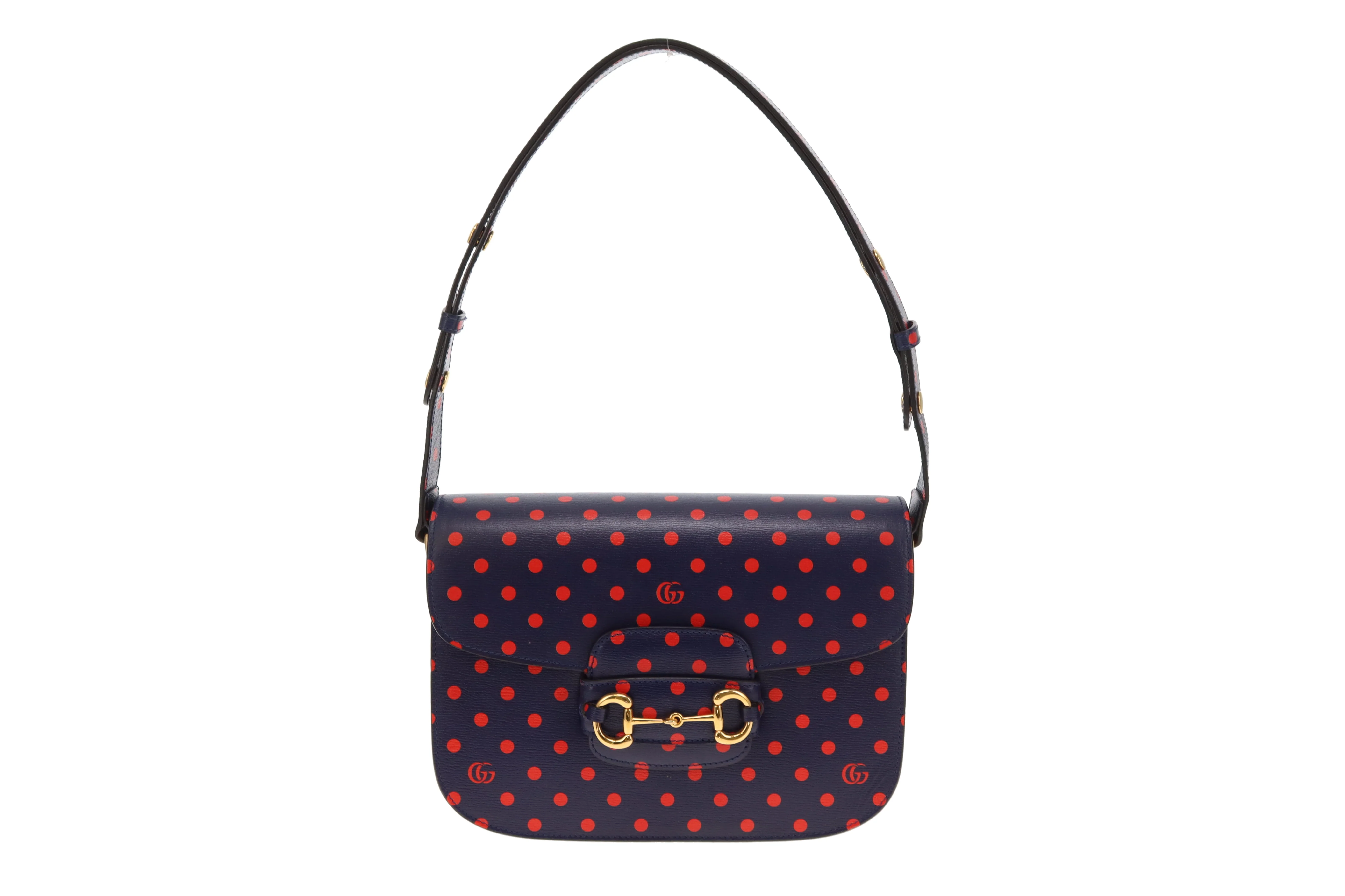 Gucci Horsebit 1955 Shanghai Shoulder Bag – Navy Polka Dot Calfskin - Image 3