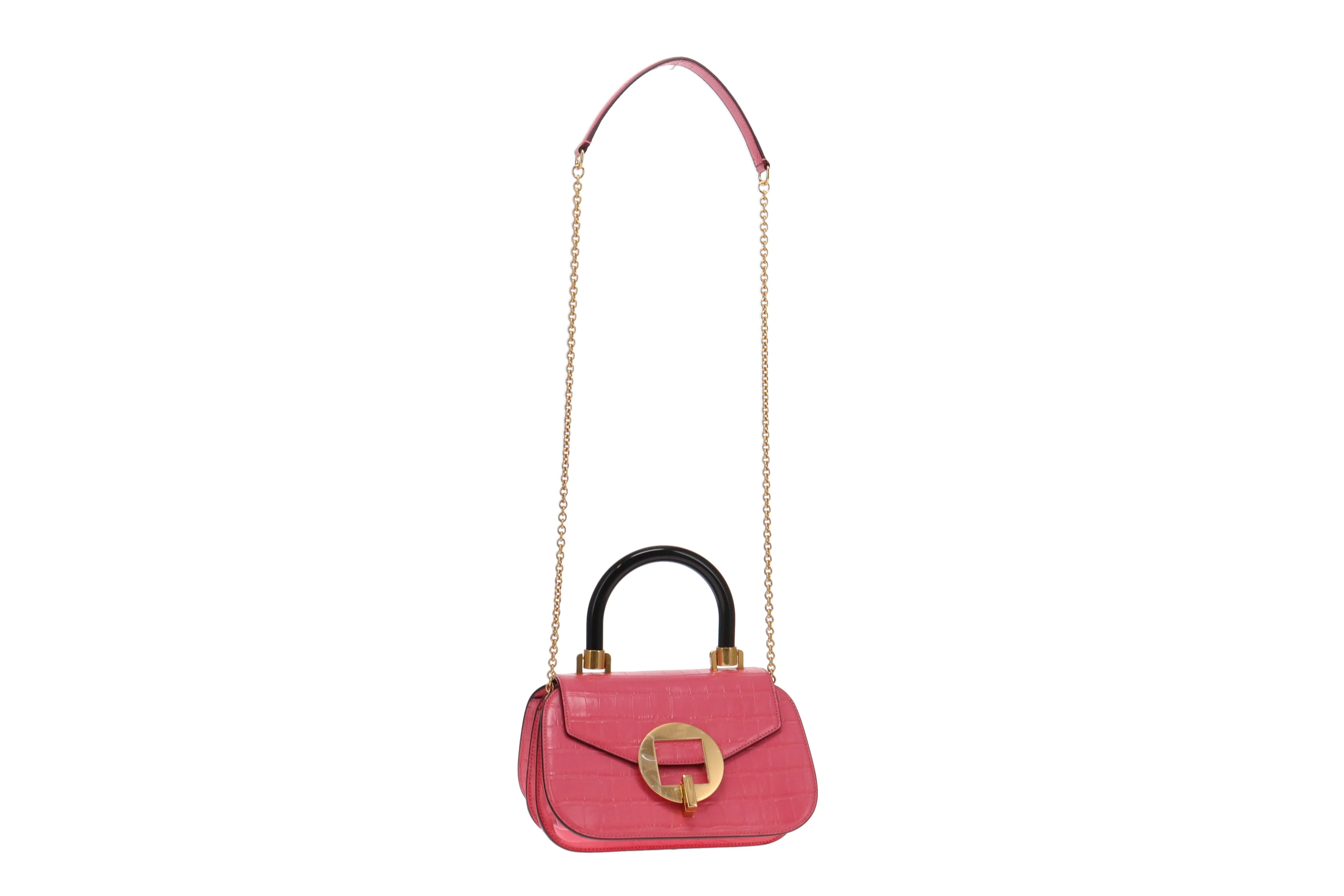 Mulbery Pink Shiny Croc Embossed Bovine Leather Mews Top Handle Chain Bag - Image 4