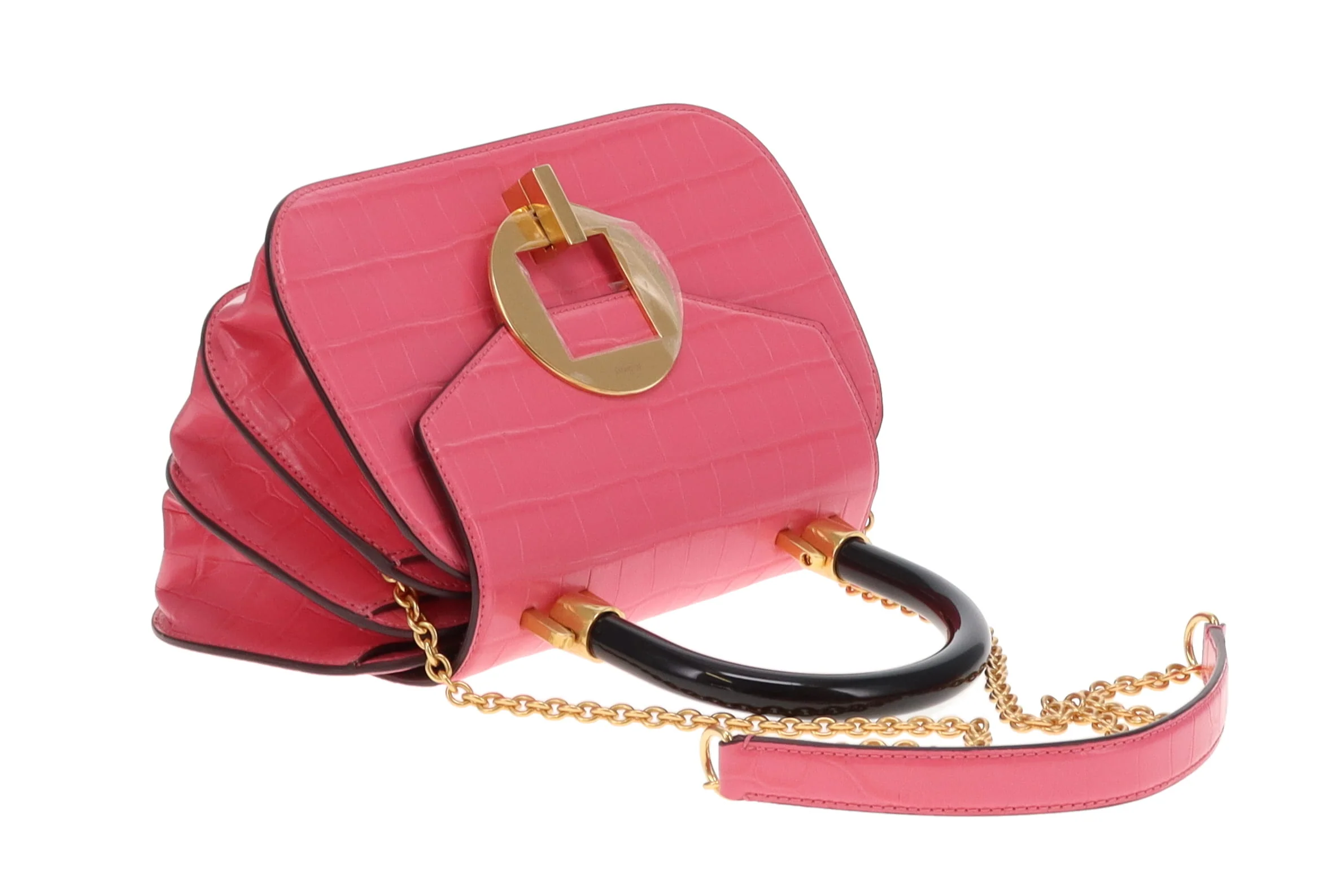 Mulbery Pink Shiny Croc Embossed Bovine Leather Mews Top Handle Chain Bag - Image 8