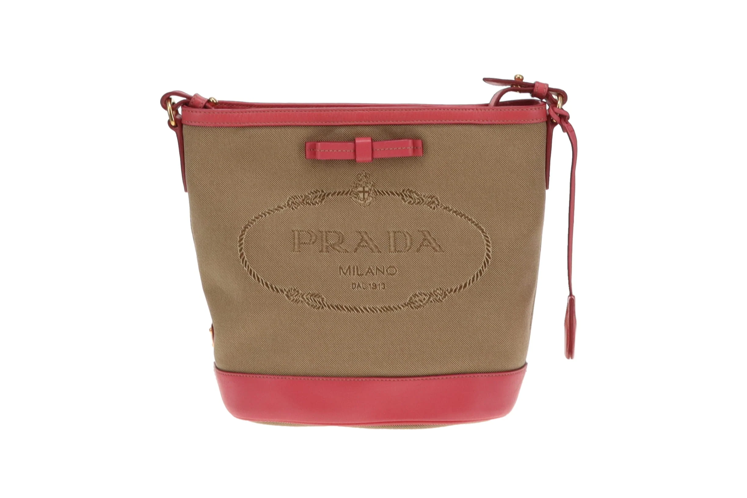 Prada Bucket Bag Logo Canvas and Pink Leather