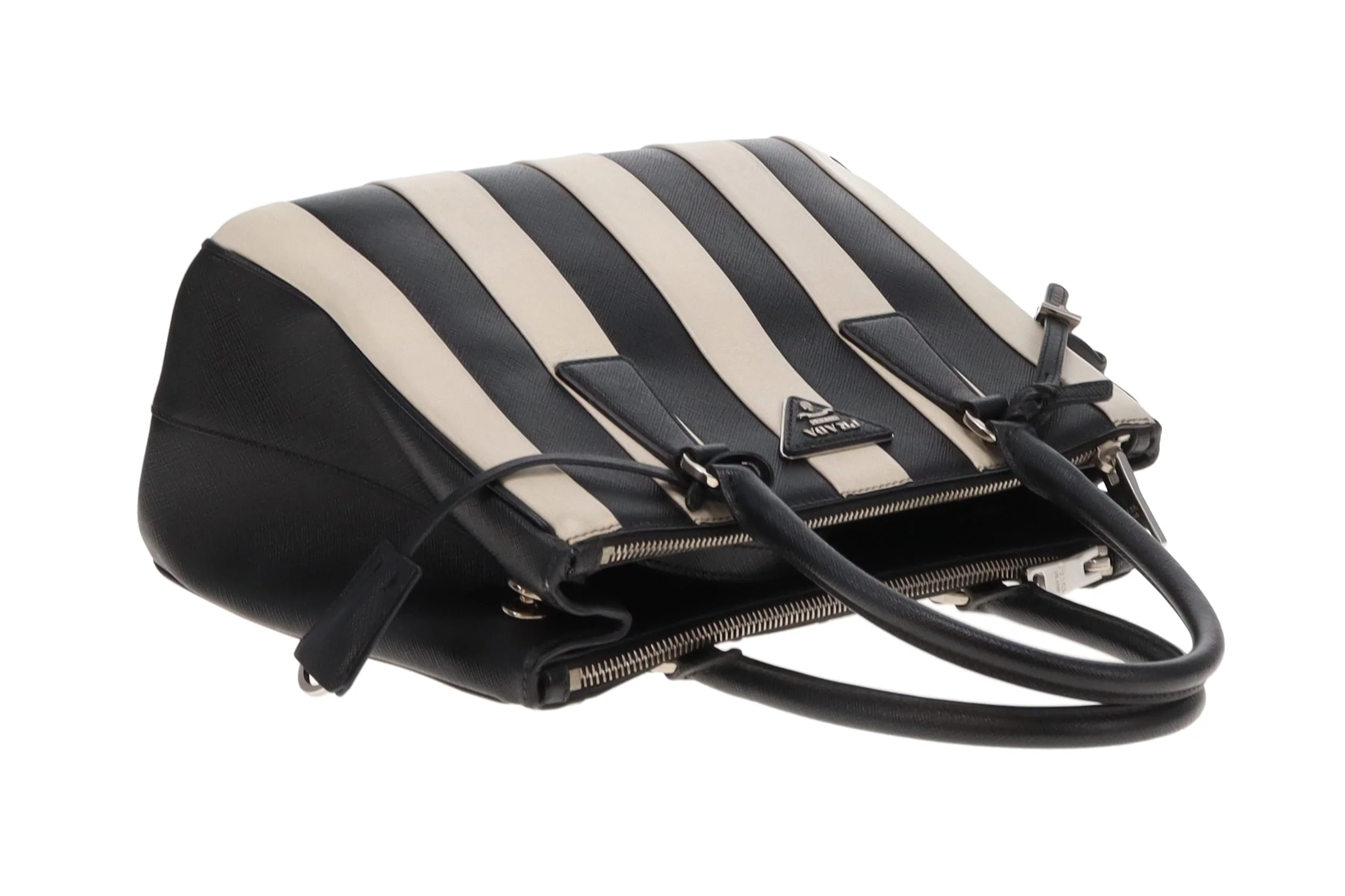 Prada Galleria Double Zip Black and White Stripe Saffiano and Calfskin - Image 10