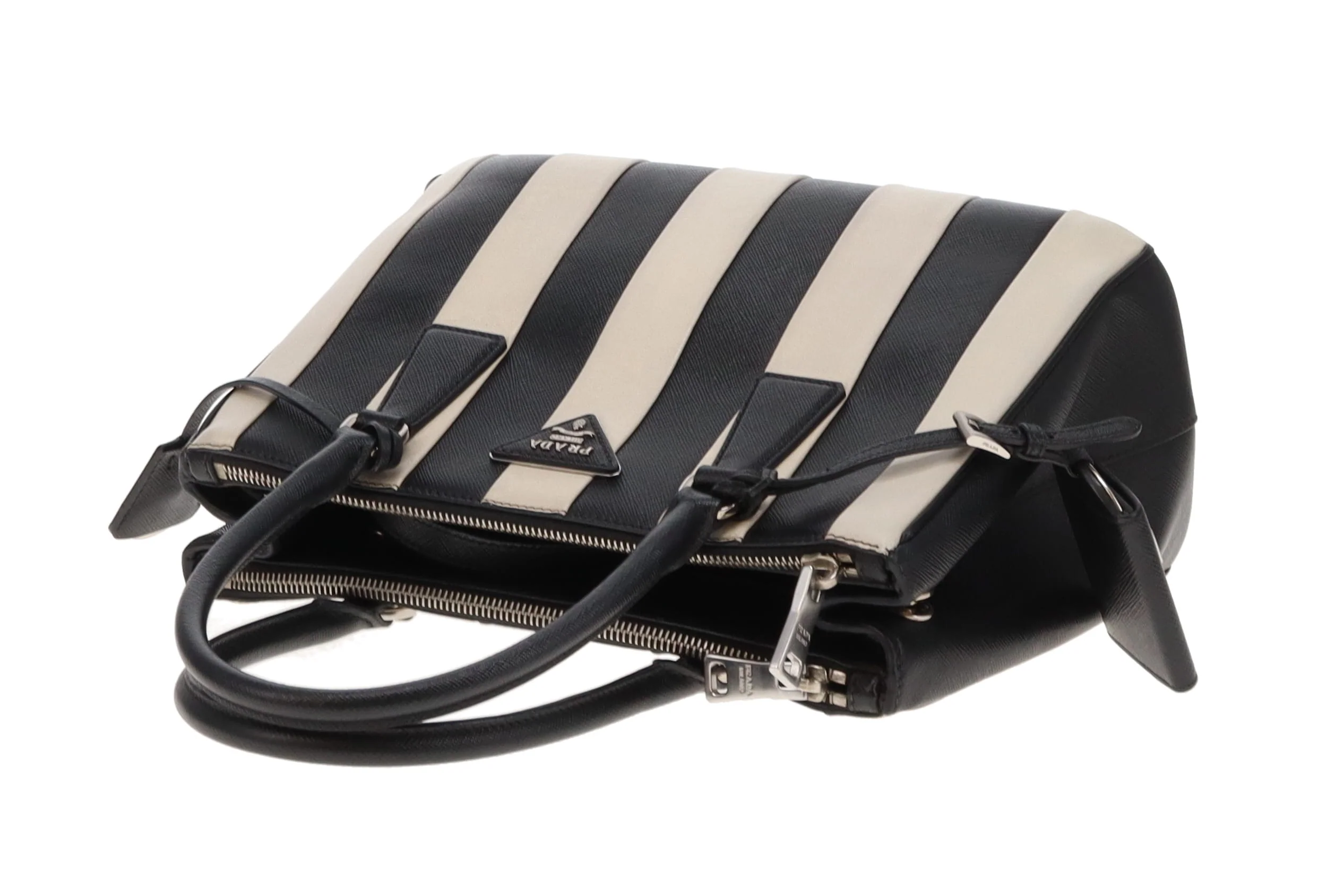 Prada Galleria Double Zip Black and White Stripe Saffiano and Calfskin - Image 13