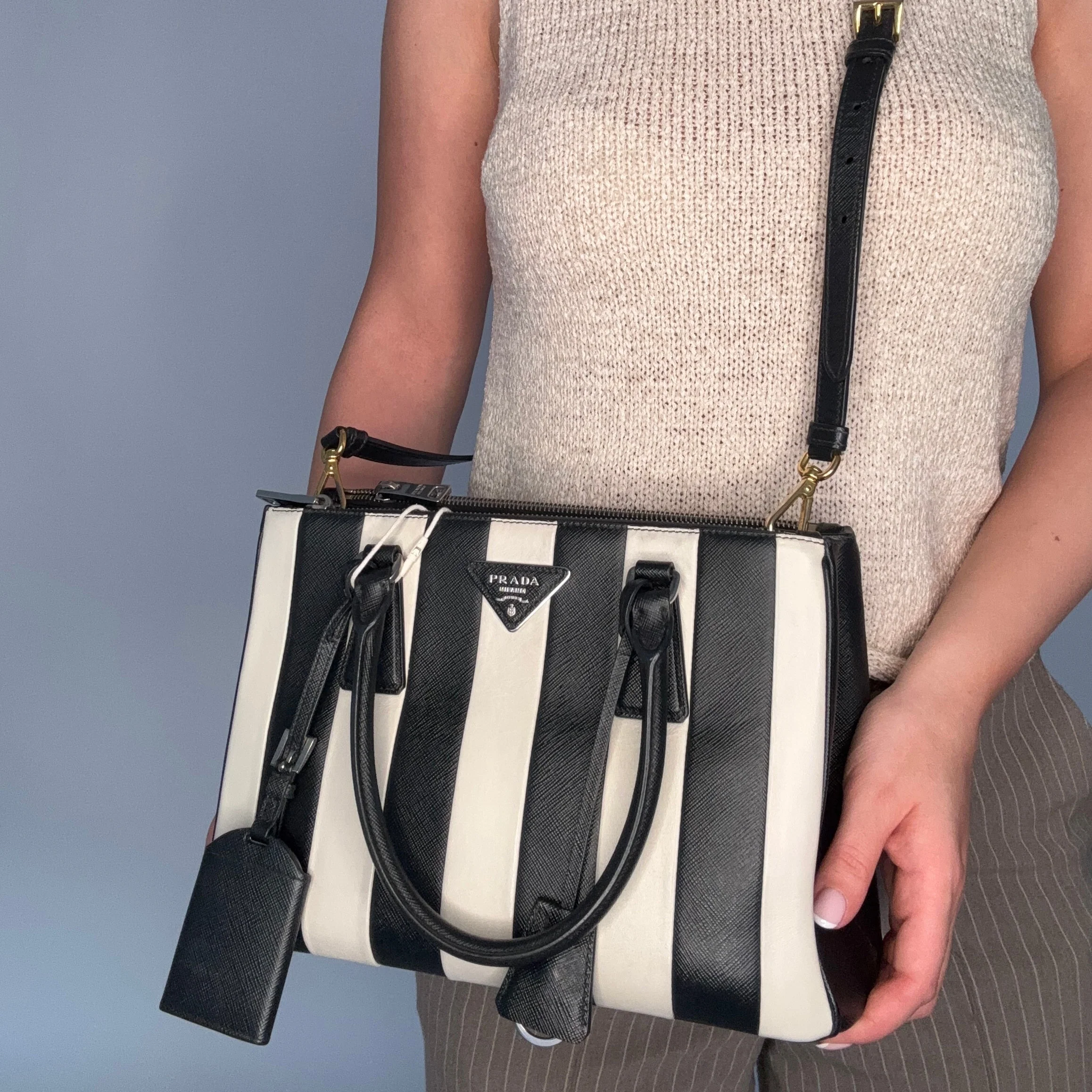Prada Galleria Double Zip Black and White Stripe Saffiano and Calfskin - Image 2