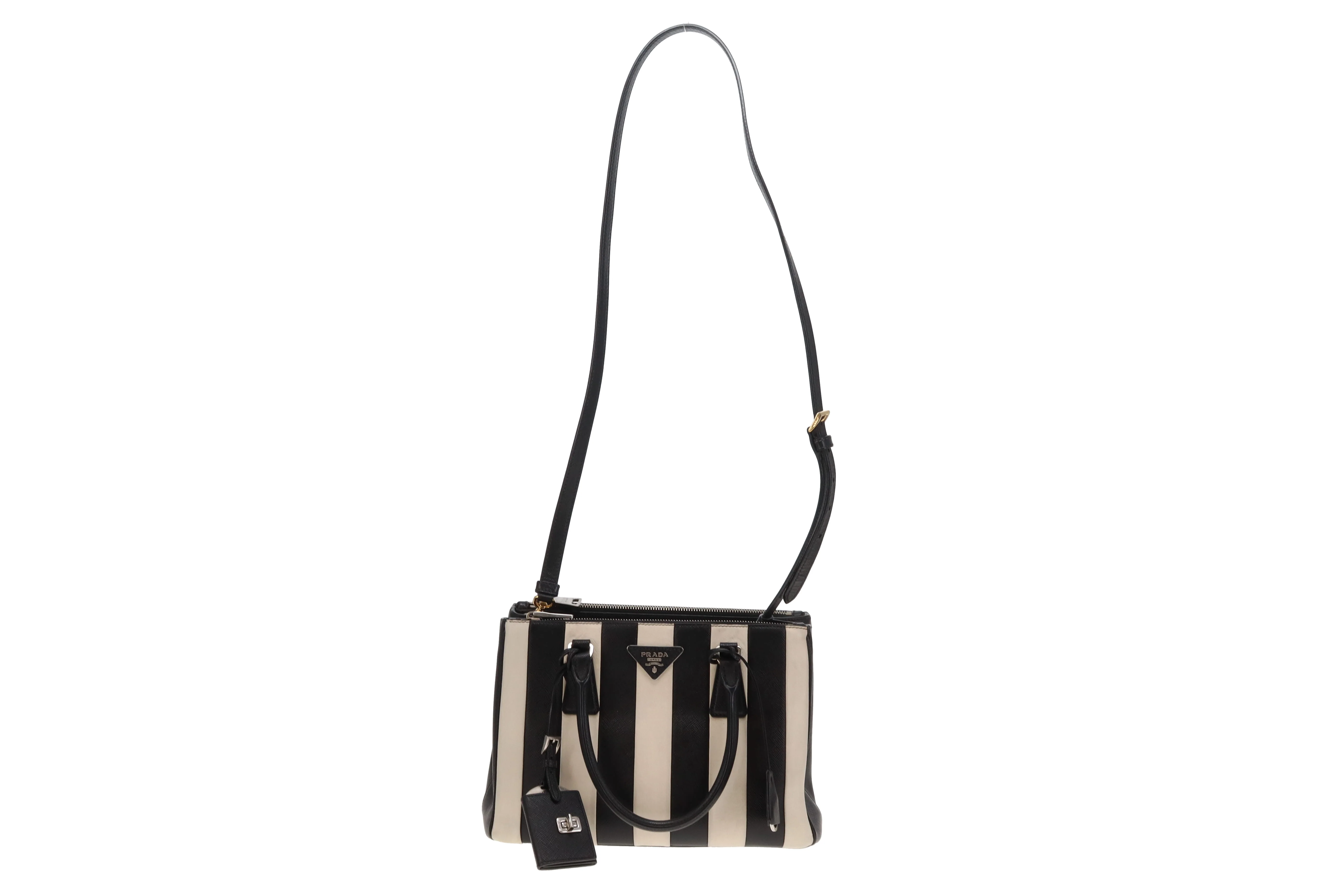 Prada Galleria Double Zip Black and White Stripe Saffiano and Calfskin - Image 3