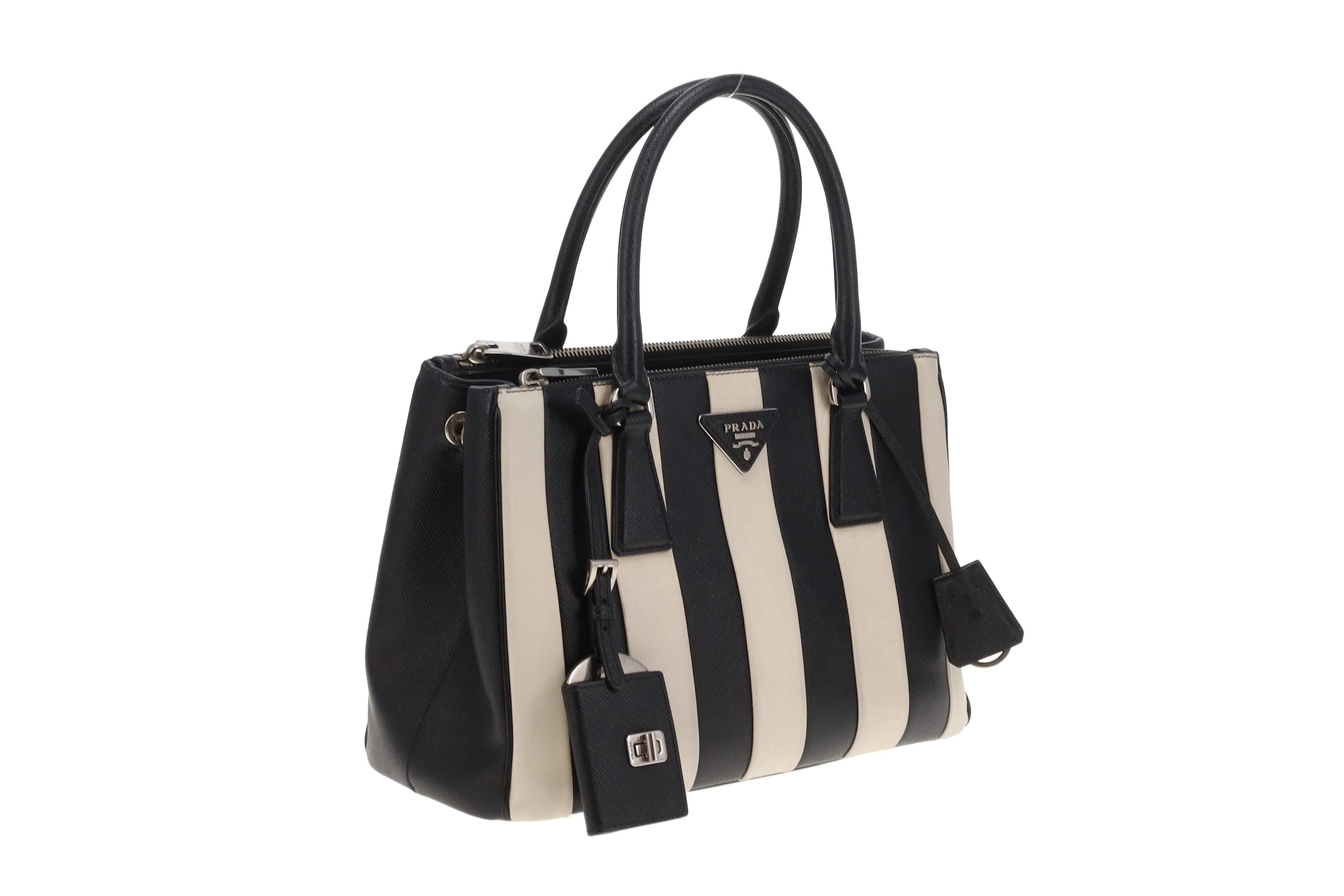 Prada Galleria Double Zip Black and White Stripe Saffiano and Calfskin - Image 4