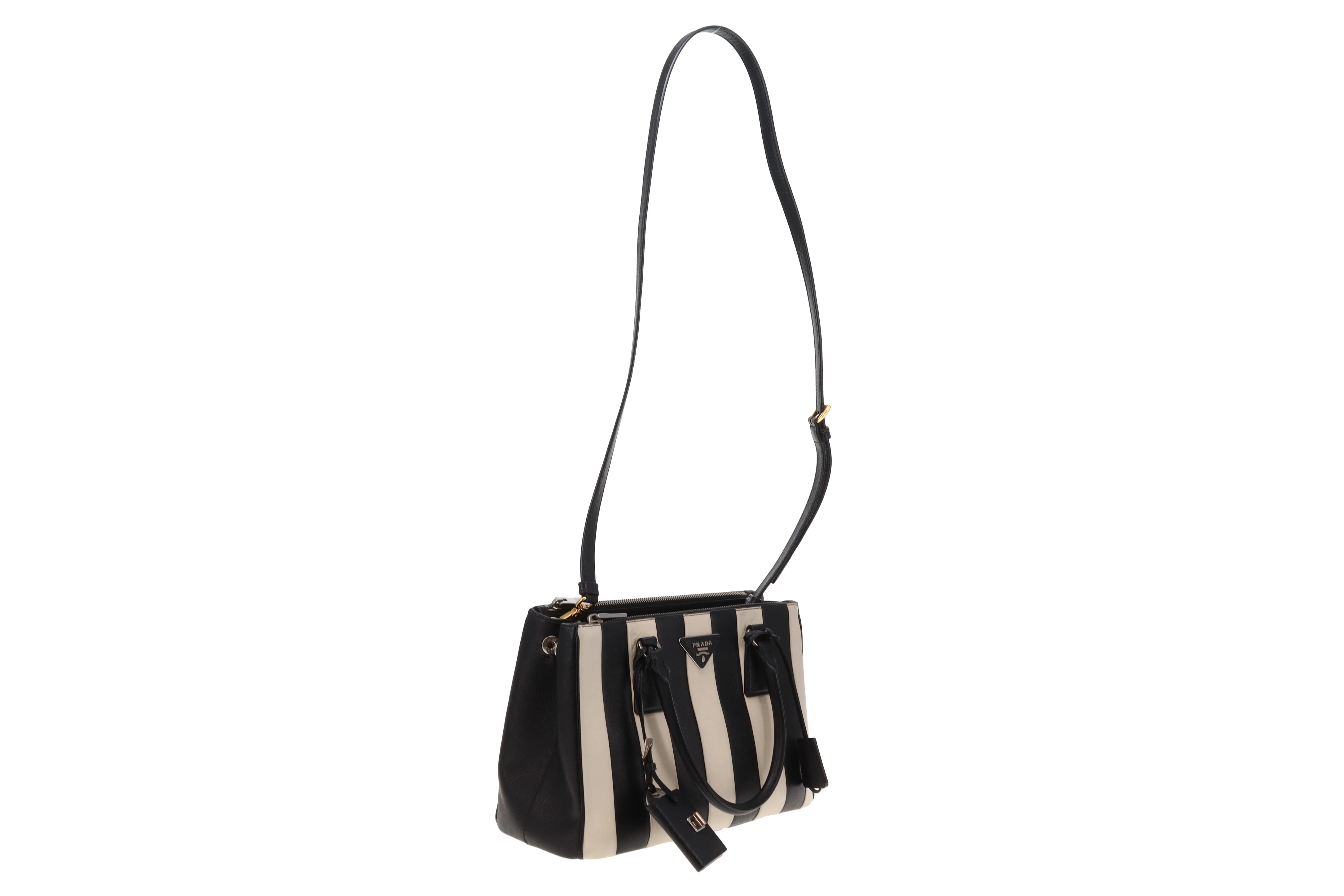 Prada Galleria Double Zip Black and White Stripe Saffiano and Calfskin - Image 5