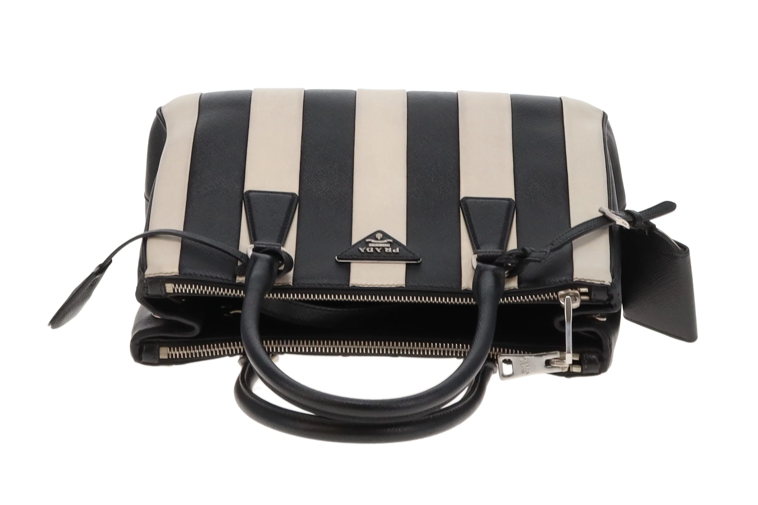 Prada Galleria Double Zip Black and White Stripe Saffiano and Calfskin - Image 9