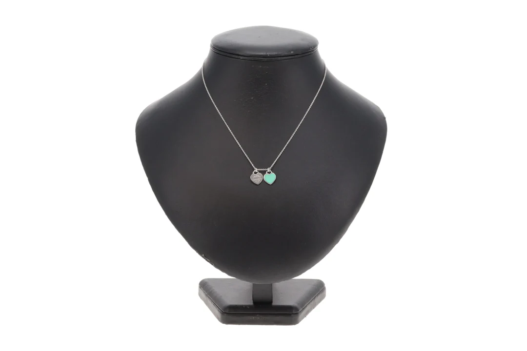Tiffany & Co Twin Mini Heart Tag Necklace On Chain Sterling Silver 925