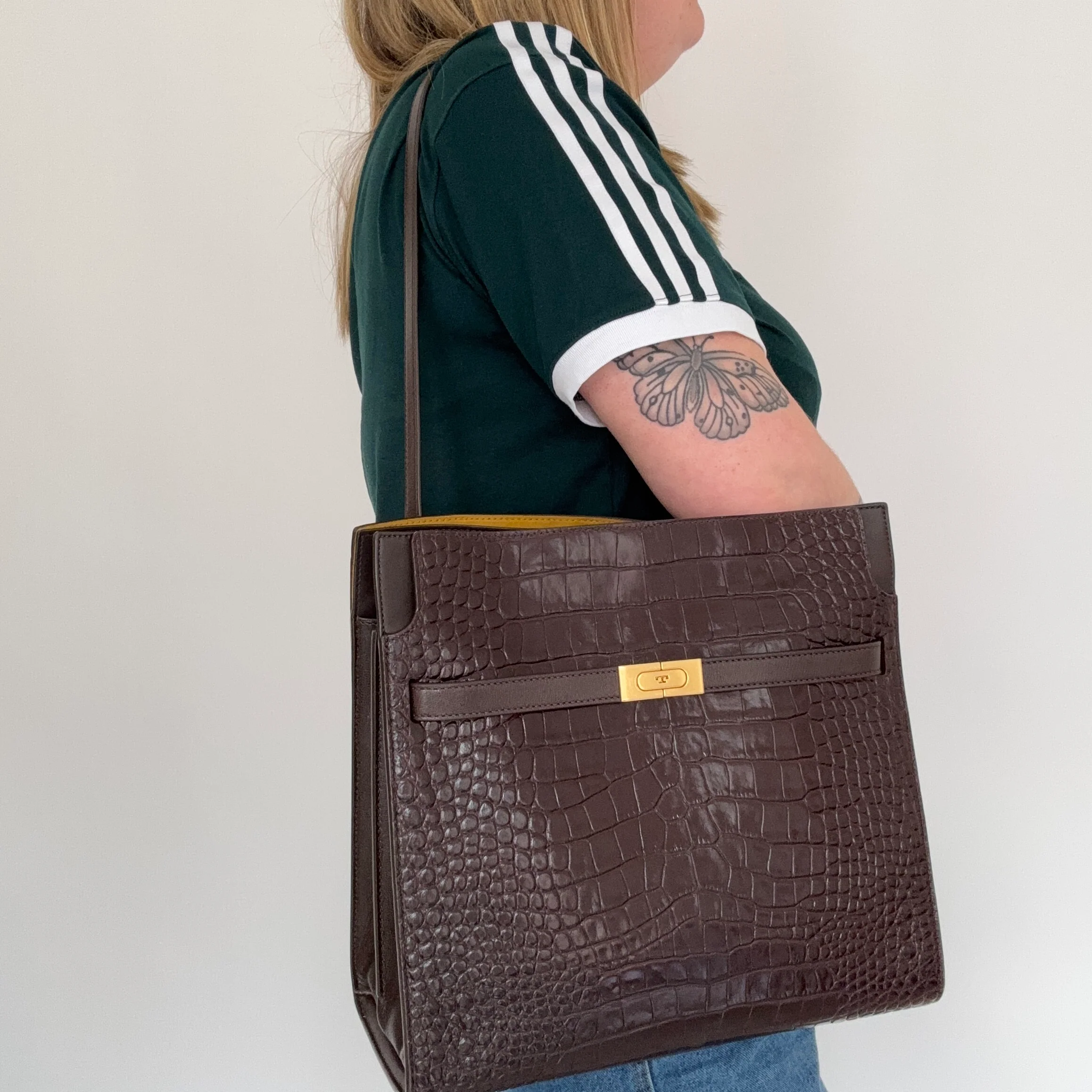 Tory Burch Lee Radziwill Croc Embossed Double Bag Brown Medium - Image 3