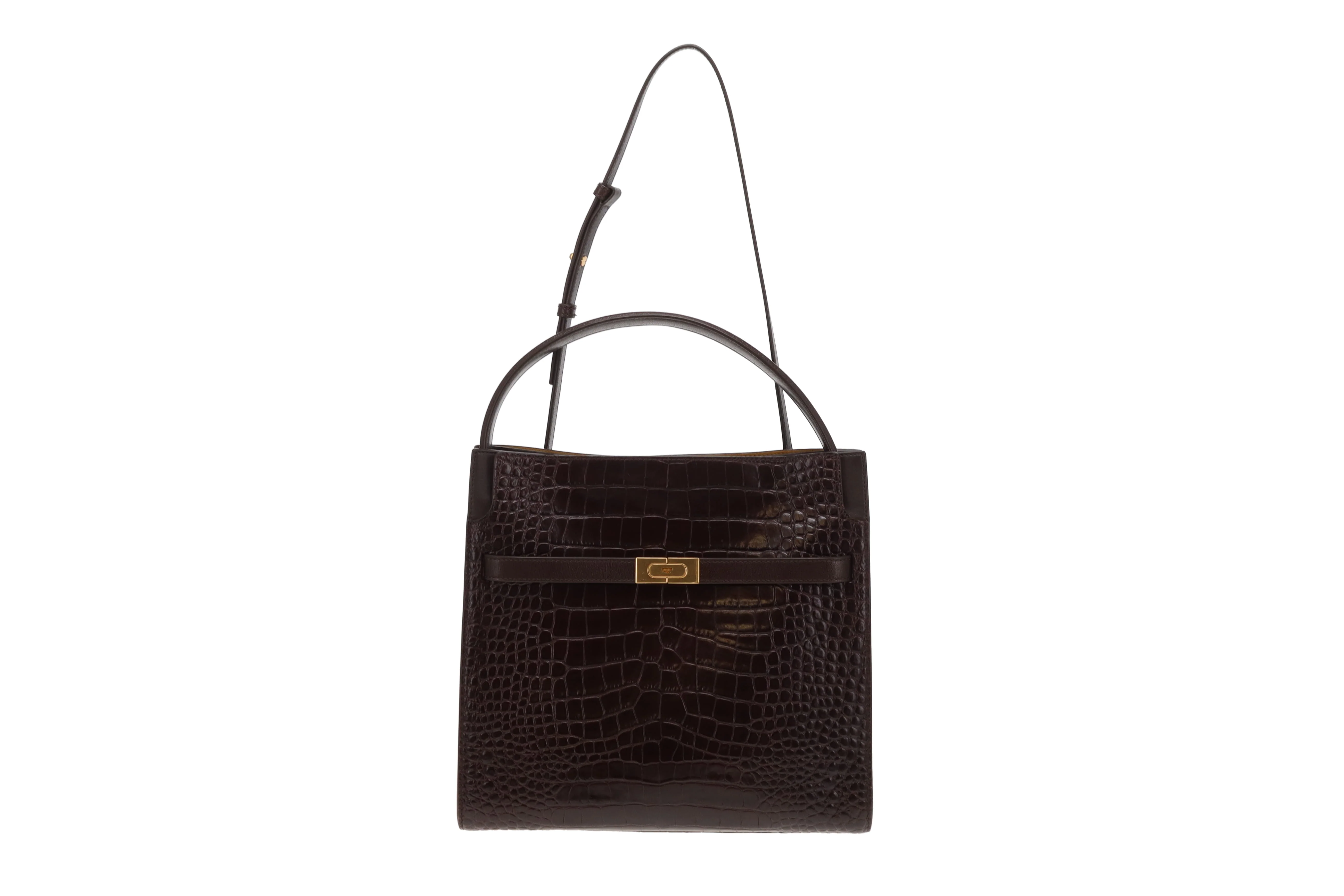 Tory Burch Lee Radziwill Croc Embossed Double Bag Brown Medium - Image 4