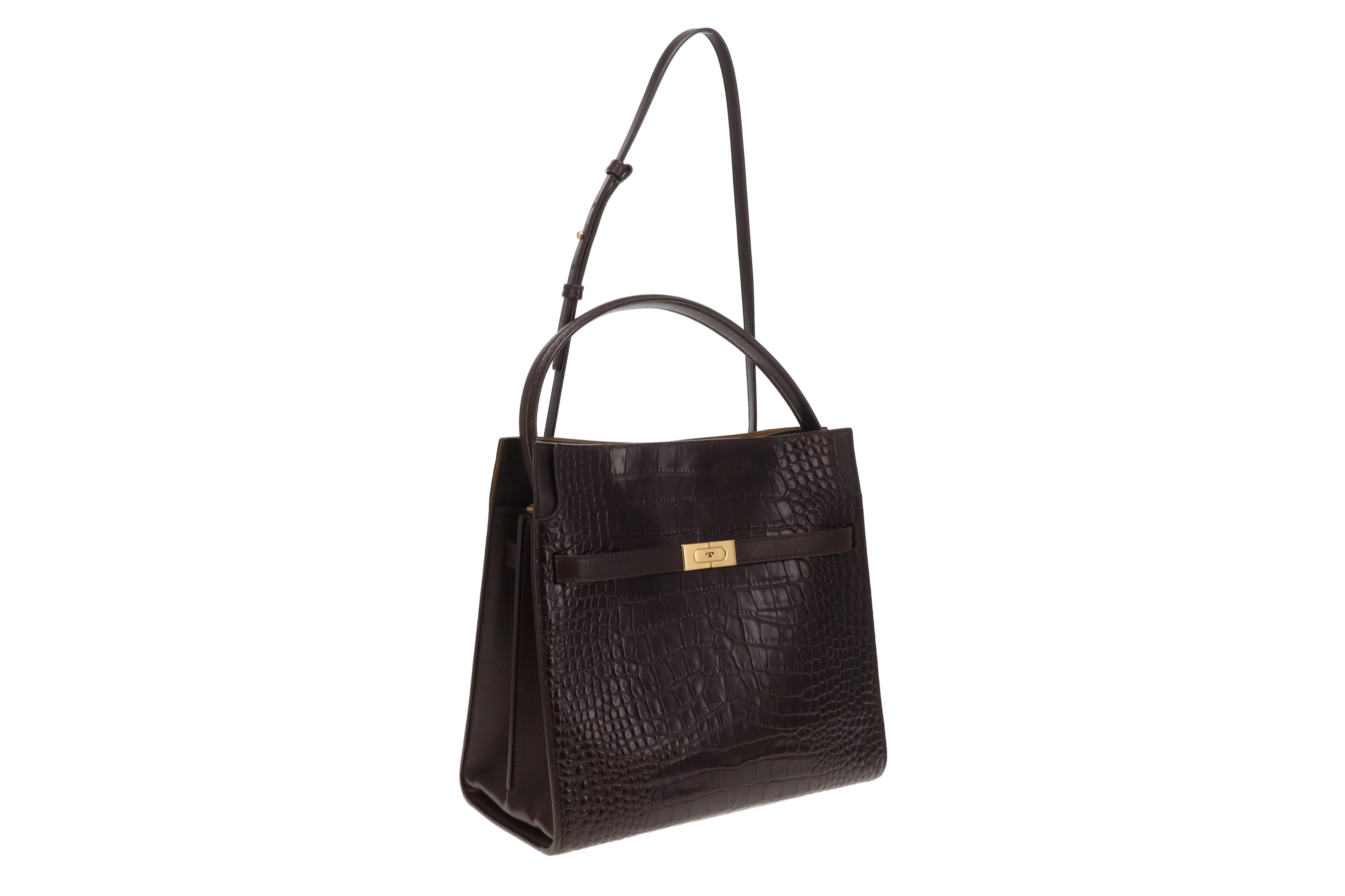 Tory Burch Lee Radziwill Croc Embossed Double Bag Brown Medium - Image 6