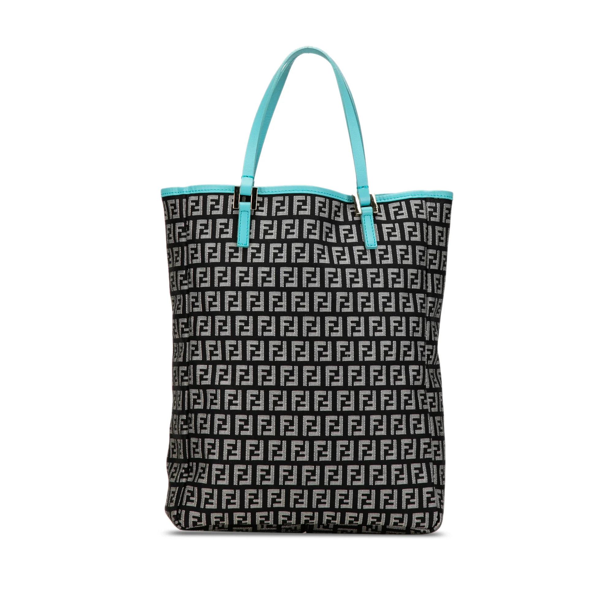 Fendi Black Zucchino Canvas Blue Leather Trim Tote - Image 5